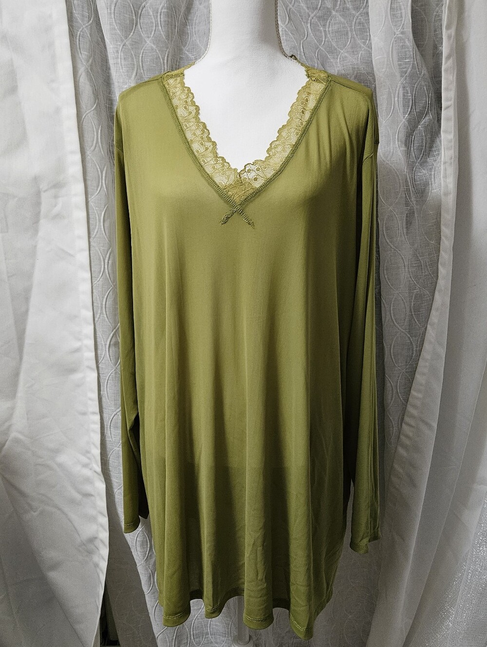 LOGO by Lori Goldstein Silky Soft Mesh Olive Green V Neck